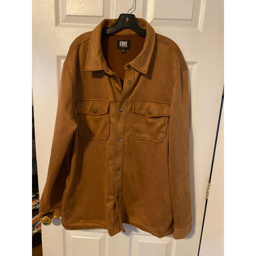 Frye Mens Faux Suede Shirt Jacket Cognac Brown Shacket XL Snap Front Pocket